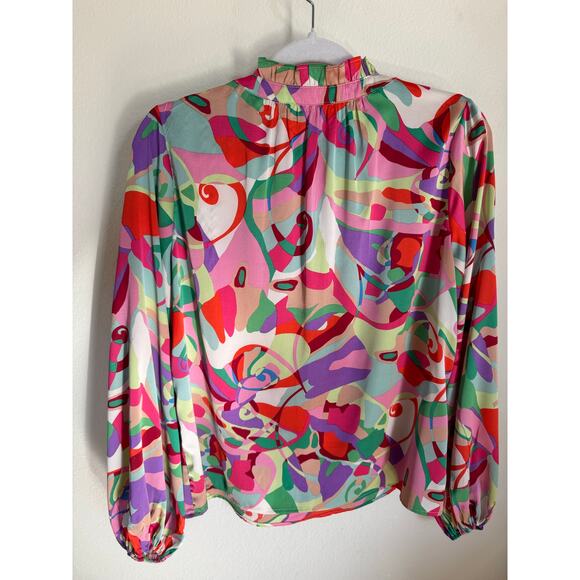 Karlie Blouse Small Multicolor Abstract Print Long Sleeve Ruffle Neck Boho Top - Picture 6 of 7